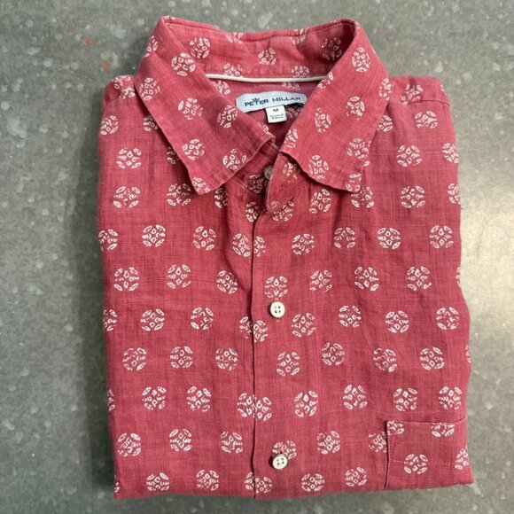 Peter Millar Red Short Sleeve Linen Shirt - Size M - Picture 2 of 9